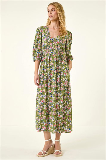 Green Floral Print V-Neck Midi Dress