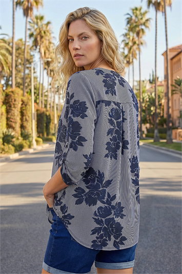 Stripe Floral Print Stretch Shirt 19497260