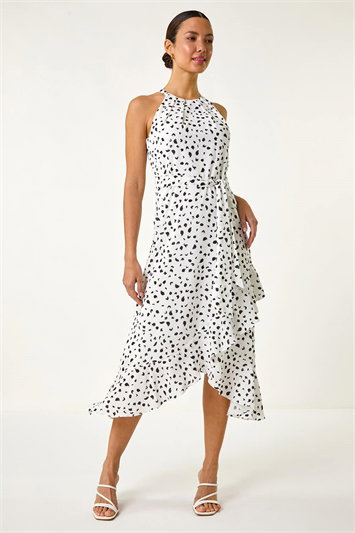White Spot Stretch Frill Hem Halter Neck Dress