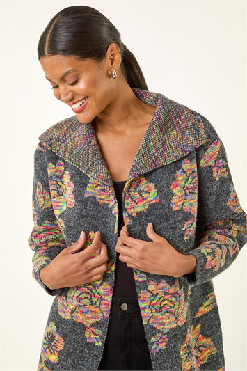 Grey Floral Jacquard Knit Cardigan