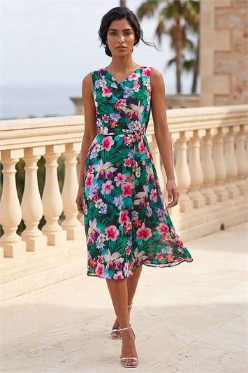 Blue Floral Print Chiffon Cowl Neck Dress