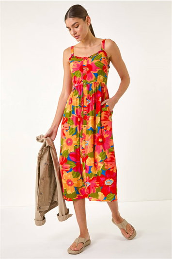 Pink Floral Print Button Midi Sundress