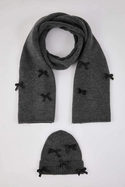 Red Ribbon Bow Detail Knit Scarf And Beanie Set