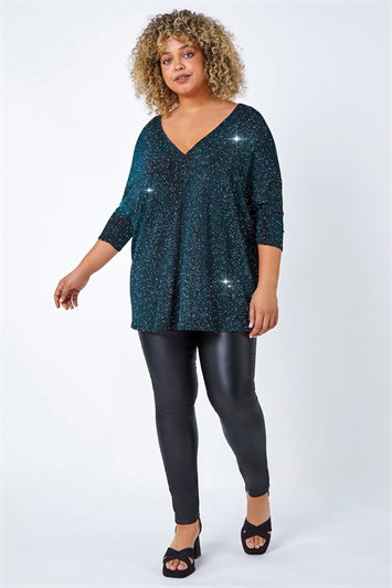 Curve Back Bar Glitter V-Neck Stretch Top 19238291