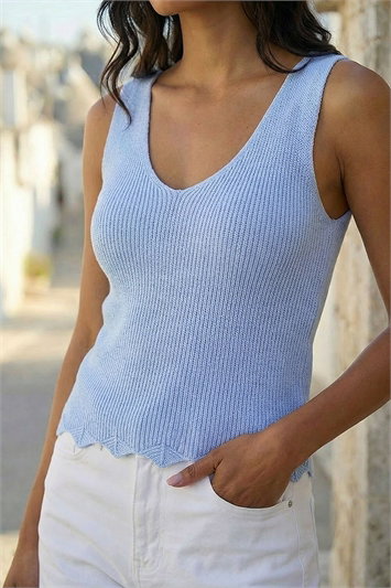 Blue Scalloped Edge V-Neck Knit Vest