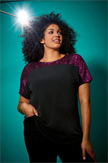 Pink Curve Sequin Embellished Stretch Top