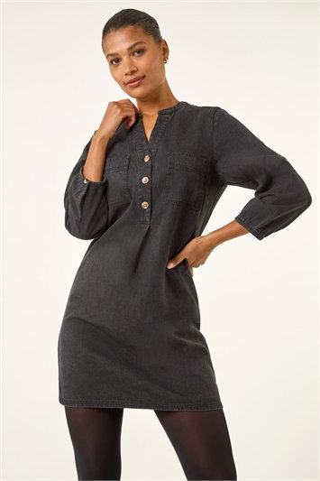 Black Cotton Denim Button Shift Dress