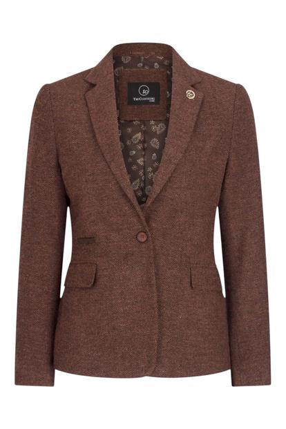 Red Brown Herringbone Wool Tweed Check Blazer