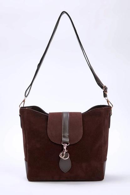 Brown Women's Faux Suede Bucket Shoulder Bag With Clip Clasp Detail