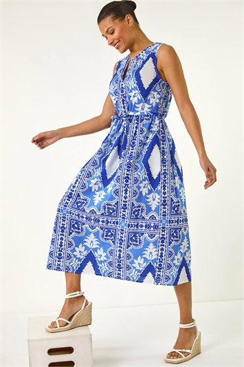 Blue Abstract Halter Neck Midi Dress