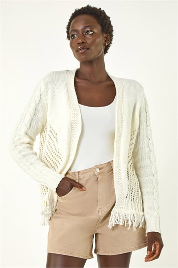 White Lightweight Fringe Hem Knit Cardigan