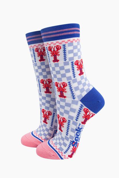 Blue Lobster Checkerboard Bamboo Socks In Blue