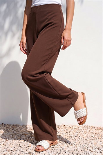 Brown Petite Wide Leg Crepe Stretch Trouser