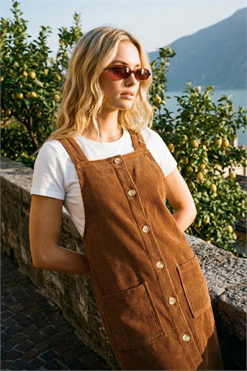Brown Corduroy Pinafore Midi Dress