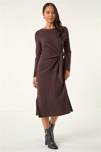 Petite Brushed Tie Waist Stretch Midi Dress 14629019