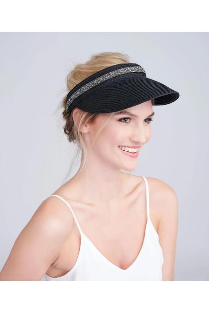 Black Topaz - Woven Straw Beaded Visor - Black