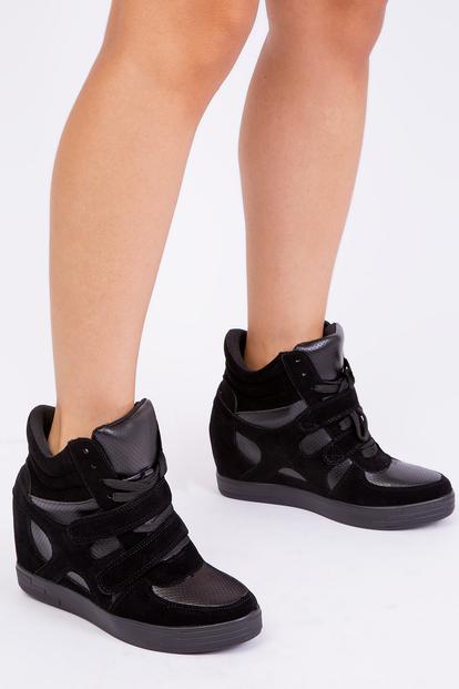 Black 'Hitop' Wedge Trainers With A Front Lace Up