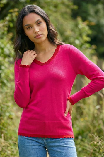 Pink V-Neck Scallop Hem Knit Jumper