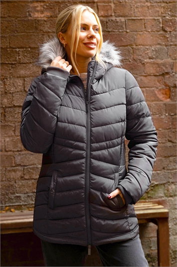 Faux Fur Hooded Quilt Coat 12030218