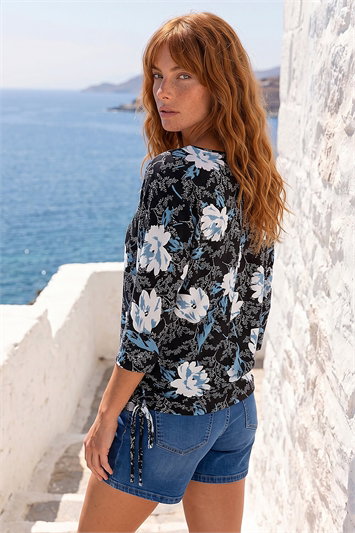 Floral Print Side Tie Stretch Top 19380809