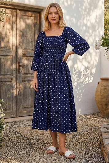Blue Polka Dot Shirred Midi Dress