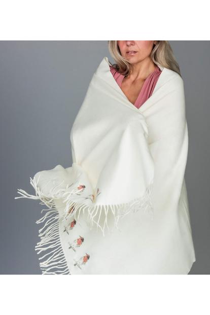 Cream Cashmere Feel Luxury Scarf Handprinted With Robins