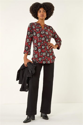Red Floral Puff Print Stretch Shirt