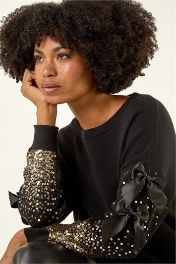 Black Sequin Bow Sleeve Knit Jumper