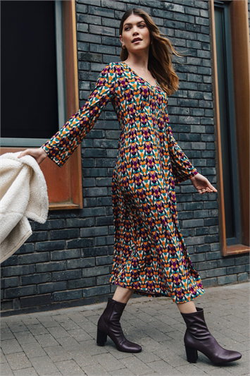 Orange Geo Print Stretch Midi Dress