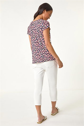 Petite Floral Print Crinkle V-Neck Top 19389472