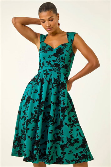 Blue Glitter Floral Flocked Premium Stretch Dress