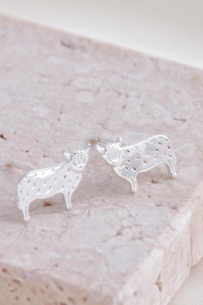 Metallic Sterling Silver Highland Cow Stud Earrings
