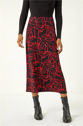 Red Leaf Print Stretch A Line Midi Skirt