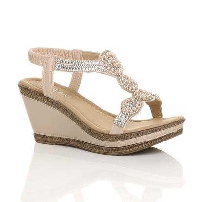 Black High Wedge Heel Diamante T-Bar Slingback Sandals