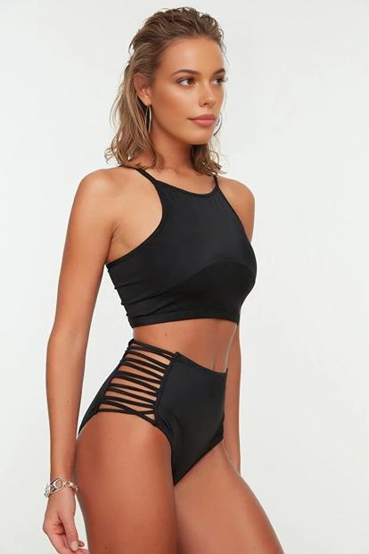 Black Strappy Side Super High Waist Bikini Bottom With Cut Out Detail