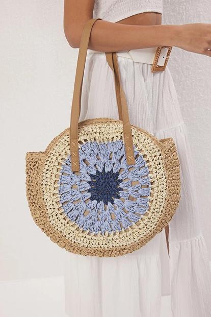 Cream Crochet Straw Round Beach Tote Bag With Contrast Centre