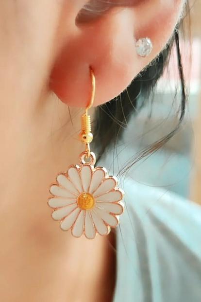 White Sunflower Charm Dainty Boho Hook Earrings