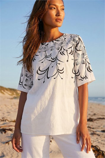 White Floral Mono Print Top