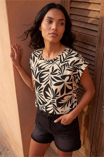 Black Leaf Print Shell Top
