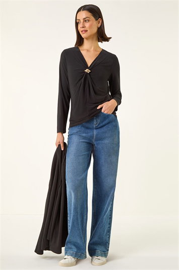 Black V-Neck Metal Trim Stretch Top