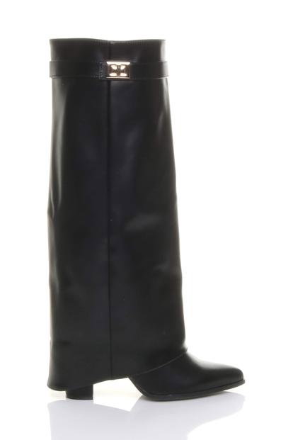 Black High Block Heel Pointed Toe Fold Over Knee Boots