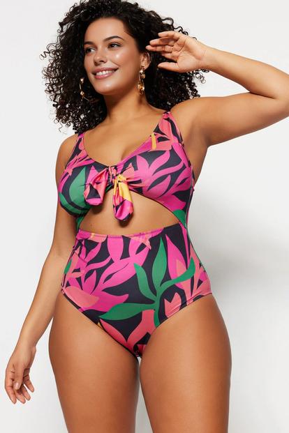 Multi Cut Out Tie Front Printed Swimsuit