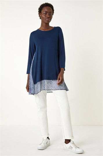 Blue Animal Print Contrast Mesh Hem Stretch Top