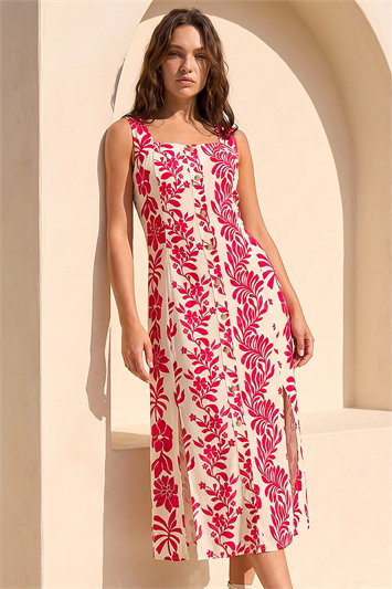 Red Petite Button Front Midi Dress