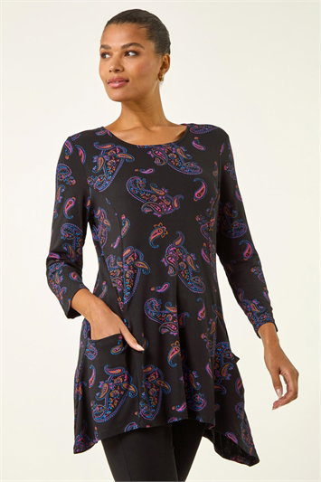 Purple Paisley Pocket Detail Stretch Tunic Swing Top