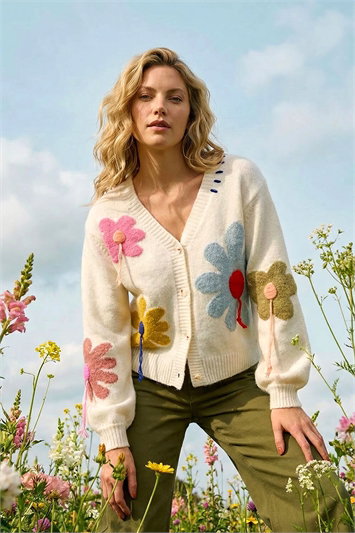 White Floral Stitch Knit Cardigan
