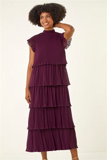 Purple High Neck Tiered Pleat Midi Dress