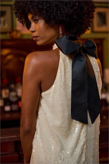 Cream Sequin Bow Back Dress