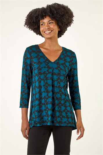 Blue Printed Pleat Front Top