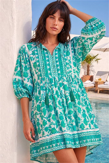 Tie Front Border Print Tassel Dress 14767992